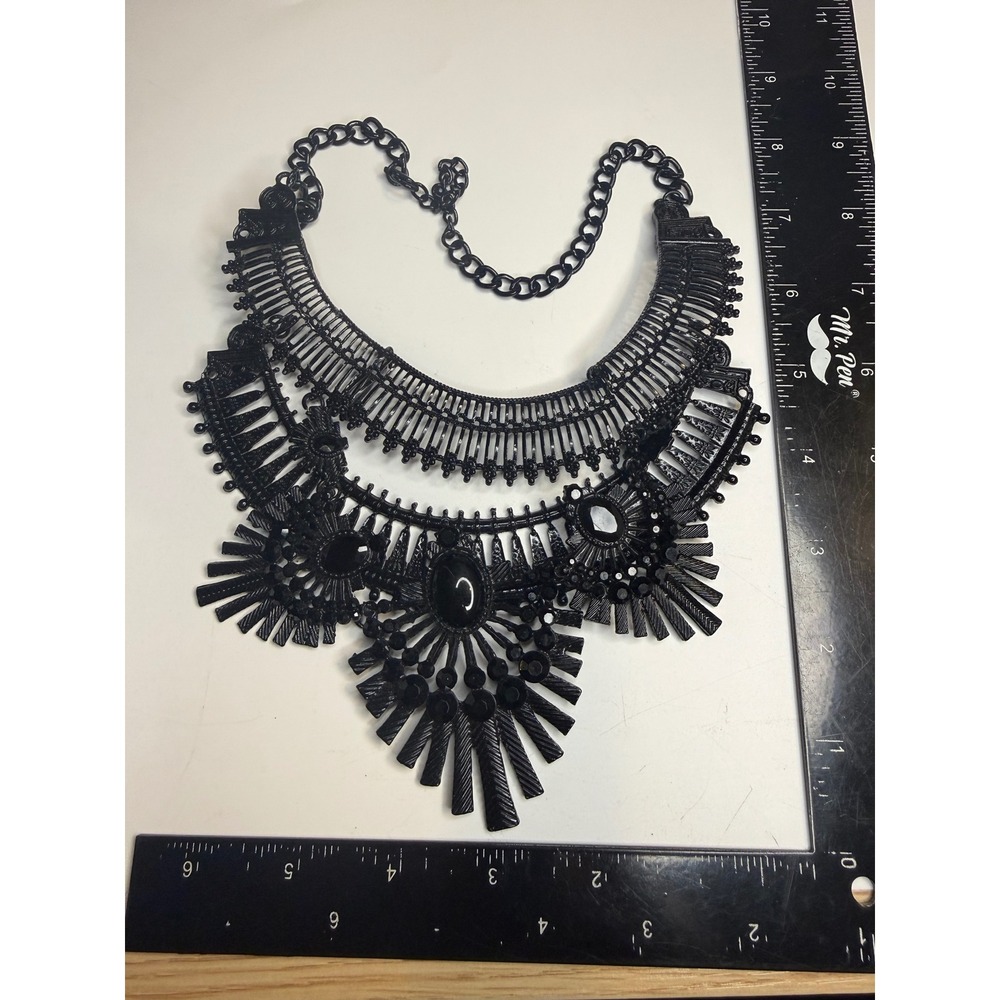 Black Statement Bib Necklace Bold Layered Sunburst Gothic Collar Jewelry